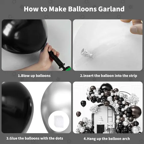 Miniatura 4 de Kit de arco de globos negros y plateados, 130 guirnaldas de globos negros metálicos, globos de látex plateados metálicos de diferentes tamaños