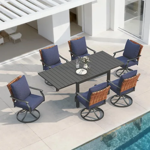Miniatura 19 de Grand patio Juego de comedor de exterior de 5 piezas, 4 sillas de patio giratorias de mimbre con aspecto de cuero y 1 mesa de comedor cuadrada