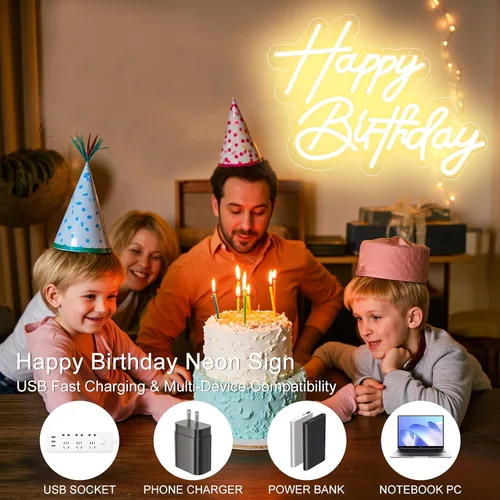 Miniatura 3 de Letrero de neón de feliz cumpleaños para decoración de pared, letrero de neón LED alimentado por USB con brillo regulable, ideal para fiestas