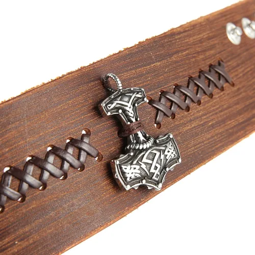 Miniatura 5 de HZMAN Mjölnir - Pulsera de piel auténtica para hombre, diseño gótico, ajustable, estilo gótico