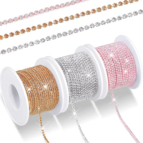 Miniatura 9 de 3 rollos en total de 33 yardas de 0.079 pulgadas (0.079 in) con diamantes de imitación de cristal, cadena de copa de garra de cristal, costura