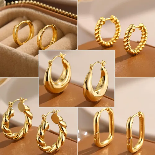Miniatura 7 de 9 pares de aretes de aro de oro para mujer, chapados en oro de 14 quilates, ligeros, gruesos, trenzados, para regalo, Latón, No es una piedra