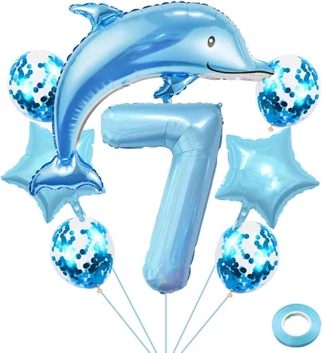 Miniatura 9 de Globos de cumpleaños de 5º delfín, globo gigante de papel de aluminio de delfín número 5, globos de Mylar de animales del océano para suministros