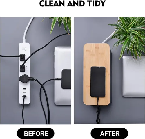 Miniatura 6 de Paquete de 2 cajas grandes para organizar cables, caja organizadora de cables de estilo madera y cubierta para cables de TV, computadora, enrutador