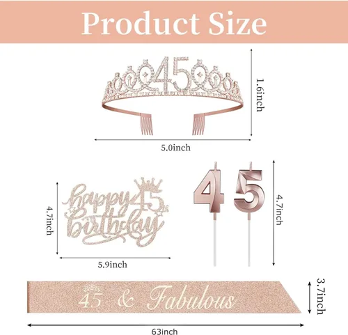 Miniatura 3 de Decoraciones de cumpleaños número 45 para mujeres, incluyendo banda de cumpleaños y tiara, decoración de pastel y velas, regalos de 45 años