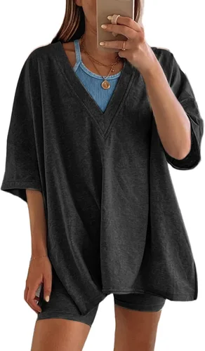 Lianlive Conjuntos de 2 piezas para mujer, camisetas de gran tamaño, conjunto corto de motociclista, conjunto reversible