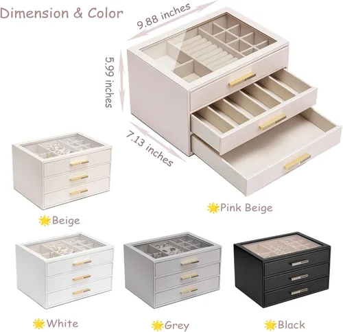Miniatura 3 de Vlando - Joyero con 3 cajones y tapa de vidrio, organizador de cuero sintético para anillos, aretes, collares y más, estuche de joyería listo
