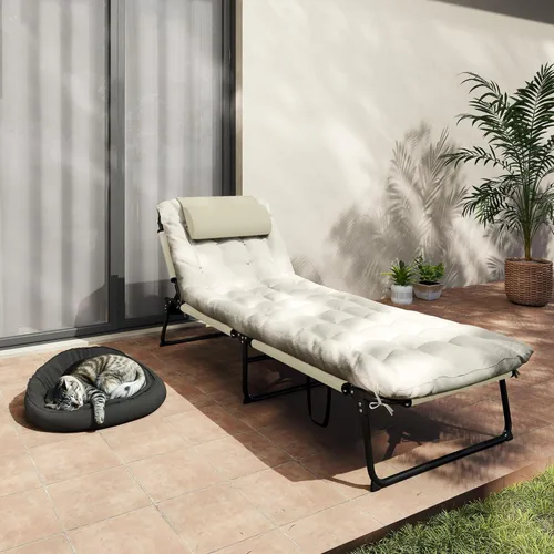 Miniatura 8 de Outsunny Tumbona plegable con respaldo reclinable de 4 niveles, silla de bronceado al aire libre con cojín, silla de salón al aire libre con tela