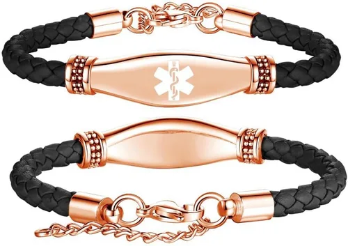 Miniatura 31 de LinnaLove Pulseras de alerta médica para mujeres, hermosas pulseras de cuero femenino para identificación médica con grabado gratuito