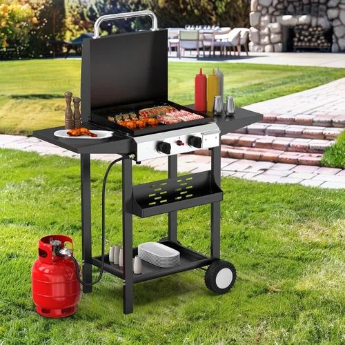 Miniatura 7 de Bonnlo Plancha de Propano de 20000BTU con Tapa e Ignición, Parrilla de Gas de Superficie Plana de Pie con Ruedas Rodantes Portátiles y Estante