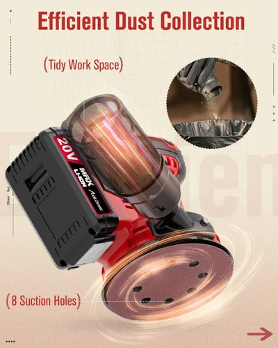 Miniatura 4 de AVID POWER Lijadora orbital inalámbrica de 20 V, herramienta de lijadora eléctrica de 5 pulgadas con 6 velocidades variables, 7000-11000 RPM