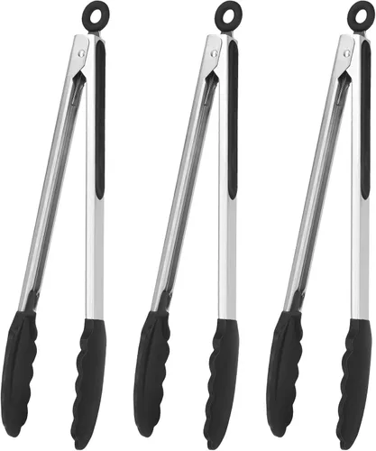 Miniatura 10 de Pinzas para servir, pinzas de cocina resistentes al calor, pinzas de cocina de acero inoxidable de alta calidad con puntas de silicona, pinzas
