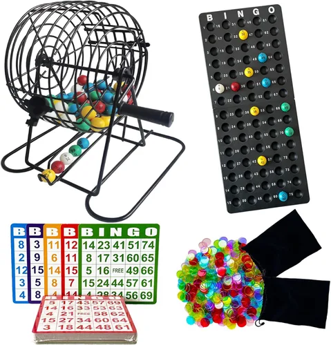 Miniatura 10 de SEETOOOGAMES Juego de bingo de lujo, jaula de metal de 8 pulgadas, 50 tarjetas de papel, 300 fichas transparentes coloridas, bolas de bingo