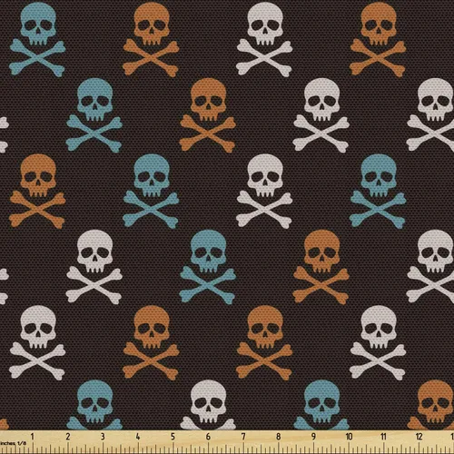 Miniatura 103 de Ambesonne The Yard, tela de calavera colorida con temática de Halloween, diseño de calavera y huesos cruzados, divertido estampado de dibujos