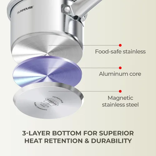 Miniatura 5 de Sunhouse Cacerola de acero inoxidable de 1.5 cuartos de galón con tapa, olla pequeña para cocinar, sin PFOA, base de inducción avanzada de unión