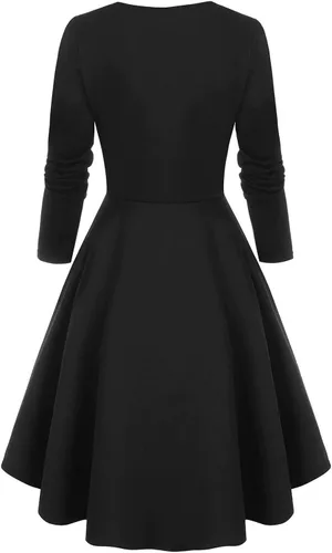 Miniatura 2 de Vestidos vintage para mujer de los años 50, manga larga, a cuadros, empalme, cóctel, fiesta, con botones laterales, vestido retro con vuelo