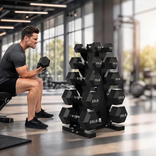 Miniatura 15 de HANDBODE Rubber Coated Hex Dumbbell Set with A-Frame Rack, 100 lb - 550 lb Multiple Options Weight, Hexagon Non-Rolling Shape, Ergonomic Knurled