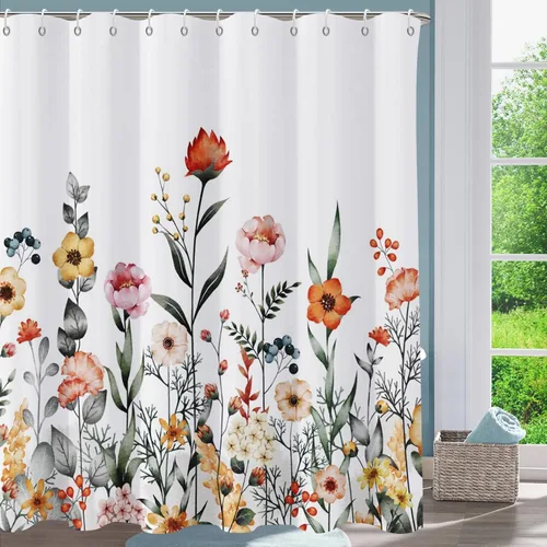 Miniatura 7 de Cortina de ducha floral, cortinas de ducha de flores para baño, cortina de baño de hojas de acuarela, cortinas de ducha de tela para el hogar