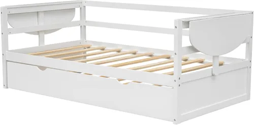 Miniatura 6 de Quarte Sofá cama multifuncional de tamaño individual con nido y estantes plegables en ambos lados, sofá cama con marco de madera y listones