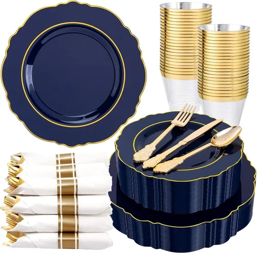 Miniatura 17 de Liacere 350 platos de plástico dorados, platos desechables blancos y dorados, vajilla de plástico barroco para 50 invitados, incluye 100 platos, 50