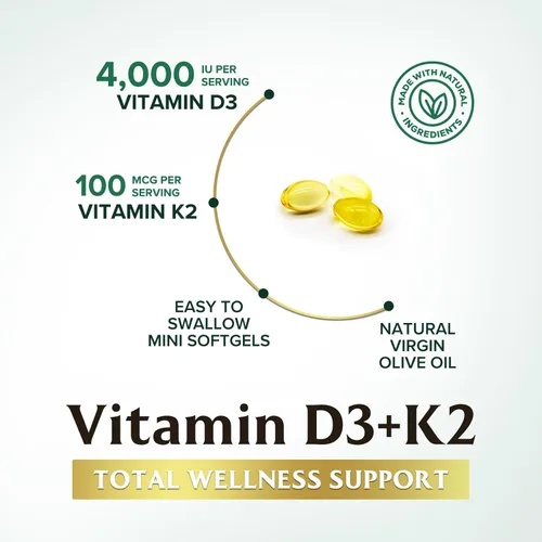 Miniatura 3 de Vitamina D3 4000 UI, 100 mcg por porción, Vitaminas D K2 extra fuertes 2 en 1 para apoyo óseo, corazón y muscular, apoyo inmunológico y absorción
