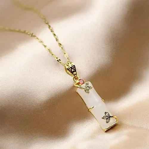 Miniatura 2 de COLORFUL BLING Jade - Collar con colgante de bambú, chapado en oro de 18 quilates, collar de jade verde y blanco, amuleto de la suerte de melocotón