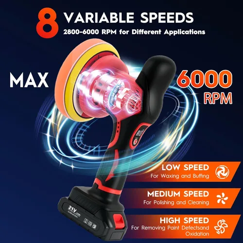 Miniatura 2 de Kit de pulidor inalámbrico para automóvil con baterías de 2 x 21 V, pulidora de automóvil de 6 pulgadas con 8 velocidades variables de 2800-6000 RPM