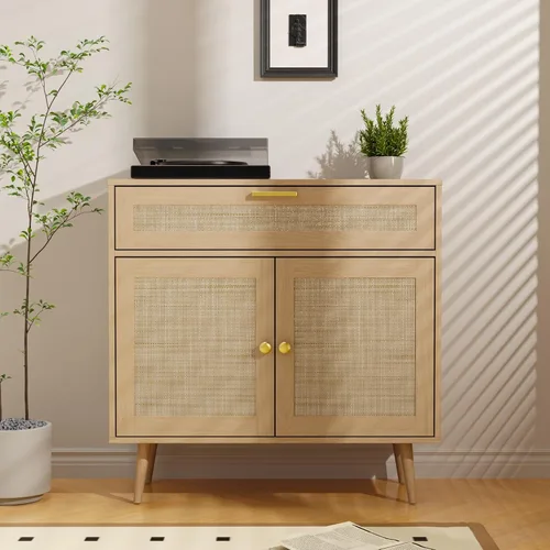 Miniatura 6 de Furnify Aparador de ratán buffet, armario de cocina bohemio con cajón y 2 puertas, armario moderno de mediados de siglo con estante ajustable, barra