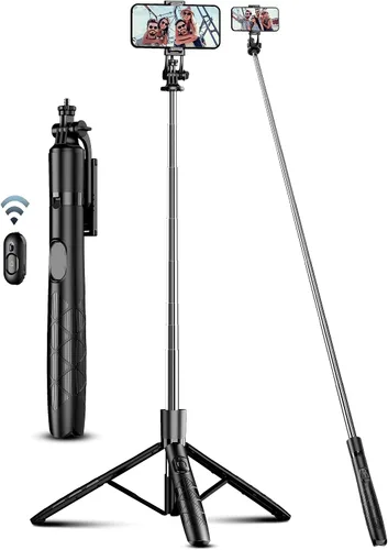 Miniatura 10 de Trípode de aluminio de 71" para teléfono, trípodes de viaje para iPhone con control remoto, trípode de selfie para celular extensible compatible