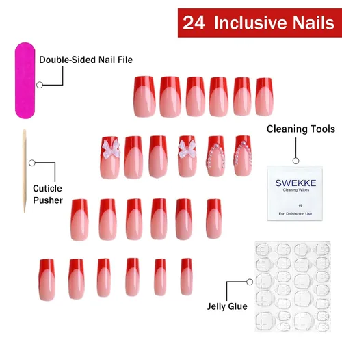 Miniatura 2 de Lindas uñas a presión de tamaño mediano - Uñas falsas cuadradas con punta francesa, uñas acrílicas rojas de cobertura completa brillantes