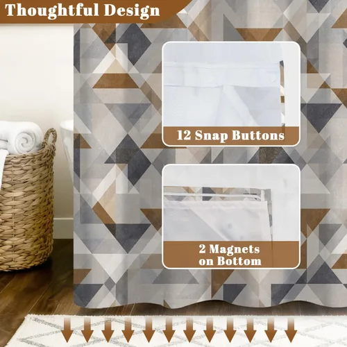 Miniatura 5 de No Hook Geometric Shower Curtain with Snap in Liner - 71″W x 74″L Waterproof Fabric with Mesh Top Window, Modern Abstract Triangle Design Bath