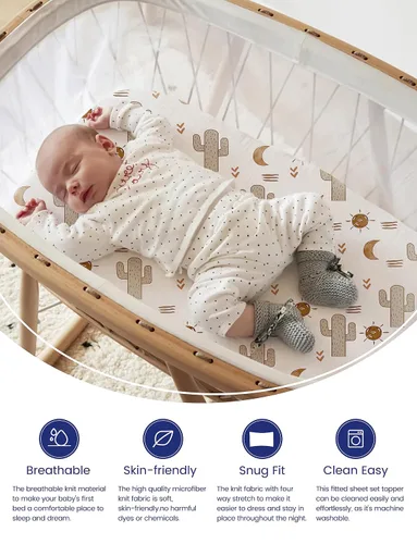 Miniatura 2 de TotAha Sábanas elásticas de alta calidad para moisés de cactus para niña, hipoalergénicas, suaves y sedosas, cómodas sábanas bajeras de 18 x 36