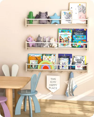 Miniatura 4 de Estantes flotantes para libros de 34 pulgadas, estantes flotantes para libros de pared, estantes de guardería de montaje en pared, juego de 3