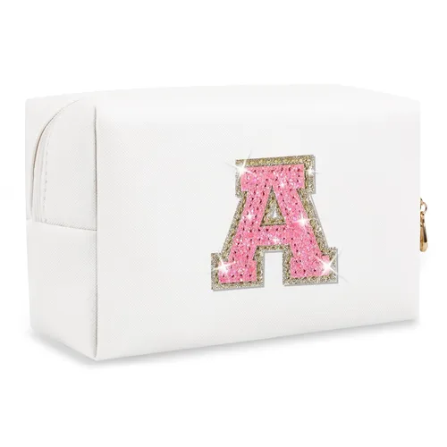 Miniatura 345 de Pequeña bolsa de maquillaje personalizada con inicial A-Z Preppy Patch, bolsa de cosméticos de viaje de felpilla blanca con cremallera, bonita bolsa
