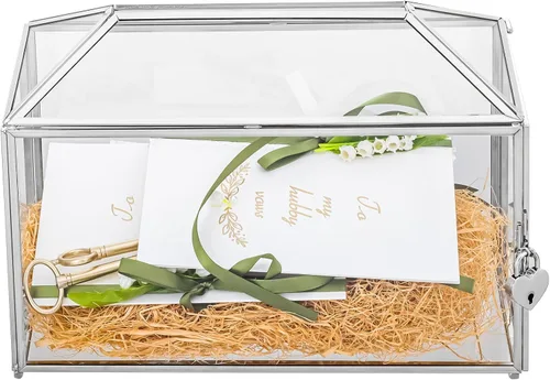 Miniatura 14 de NCYP Pequeña caja de tarjetas de cristal de boda con ranura y cerradura, 10.2 x 5.9 x 7.9 pulgadas, soporte geométrico negro para tarjetas