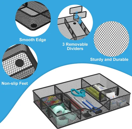 Miniatura 4 de VyGrow Bandeja organizadora de cajones de escritorio, organizador de cajones de malla metálica para oficina, 6 compartimentos ajustables, bandeja 1