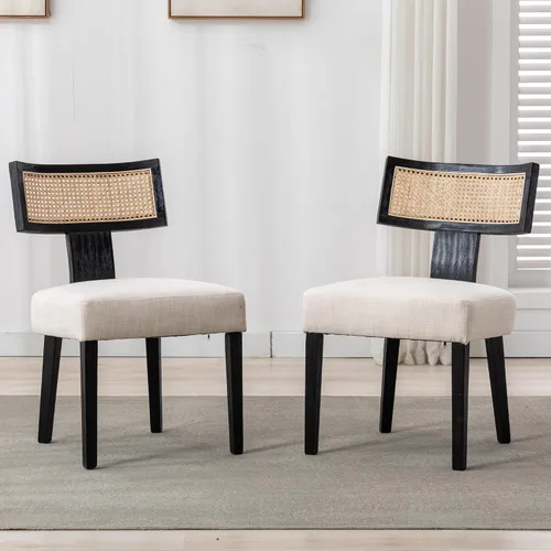 BESTANO Juego de 2 sillas de comedor de ratán, modernas sillas de comedor de madera negra de mediados de siglo, sillas de comedor tapizadas de tela