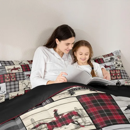 Miniatura 4 de Erosebridal Juego de edredón para niños y niñas, juego de ropa de cama con estampado de vaquero, diseño de granja, a cuadros, caballo y vaca