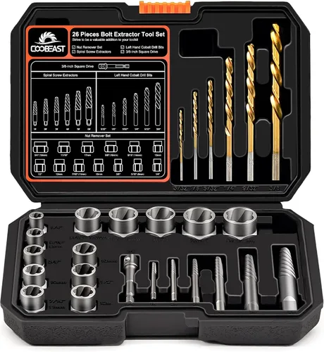 Coobeast - Juego de 26 extractores de pernos y brocas izquierdas, extractor fácil para tornillo con juego de extractor de brocas inversas para
