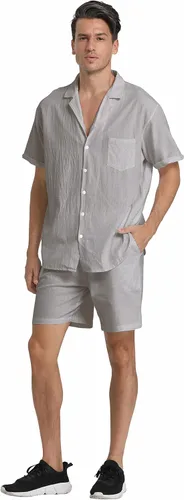 Miniatura 5 de RPOVIG Conjunto corto de camisa de lino conjunto casual de 2 piezas con botones para hombre