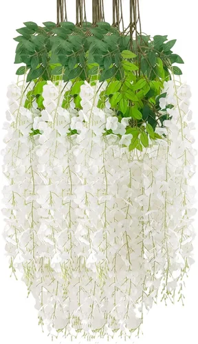 Paquete de 12 guirnaldas de flores colgantes de glicina blanca, enredaderas de flores artificiales de 3.77 pies, glicinia falsa, guirnalda colgante