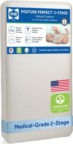 Sealy Posture Perfect - Colchón impermeable de 2 etapas para cuna y colchón para cama de bebé, espuma viscoelástica híbrida y 150 bobinas de alta