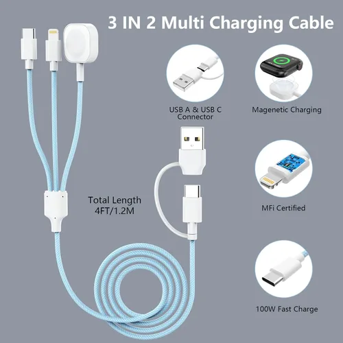 Miniatura 5 de Travel Essentials - Cable de carga 3 en 2 para cargador de Apple Watch, cargador de iPhone, cable de carga rápida USB C compatible con iWatch Series