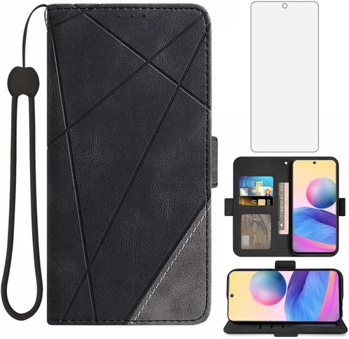Asuwish Compatible con Xiaomi Redmi Note 10 5G Funda tipo cartera y protector de pantalla de vidrio templado, soporte de tarjeta de cuero con tapa