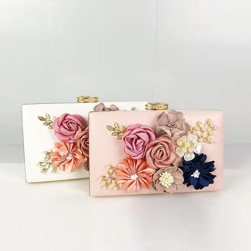 Miniatura 6 de Bolso de noche floral para mujer, bolso de embrague de novia con flores 3D, elegante banquete de boda, baile de graduación, bolso de noche