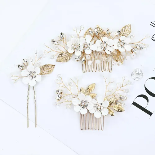 Miniatura 7 de Dizila 20 piezas de diamantes de imitación para novia, boda, fiesta, graduación, perlas, doradas, flores blancas, peines laterales