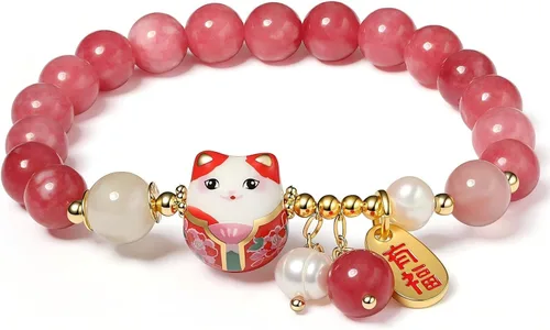 Miniatura 5 de Pulsera de gato de la suerte con cristal azul, colgante de gato de cerámica, joyería de buena suerte Feng Shui para mujer, pulsera de riqueza