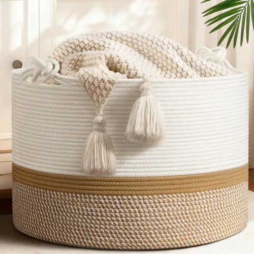 Miniatura 13 de CherryNow Cesta grande de mimbre para lavandería, entrada, dormitorio, cestas decorativas de yute para ropa, juguetes, cesta de toalla para baño, 22
