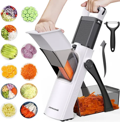 Miniatura 14 de Jonscook Rebanador de mandolina todo en uno seguro para cocina, picador de alimentos con contenedor, cortador de verduras con grosor ajustable