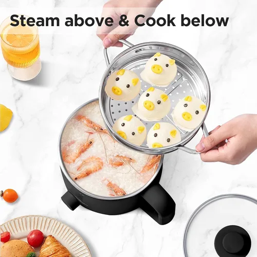 Miniatura 3 de Topwit Cocina eléctrica con vapor, olla de ramen de 1.6 L y hervidor eléctrico de agua caliente de vidrio de 1 litro